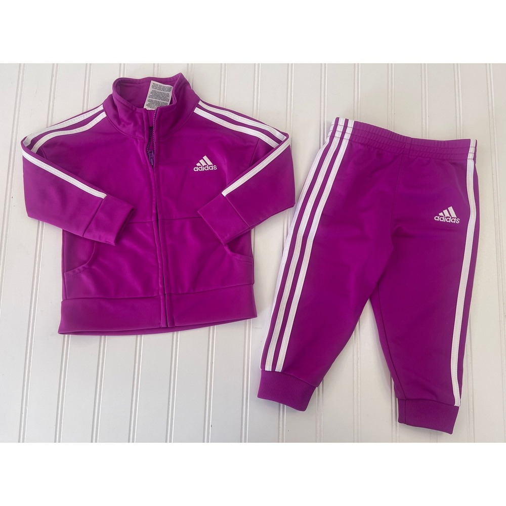 Adidas Baby Girls Magenta Purple 3-Stripe Tracksuit Set 12M Zip Jacket Pants